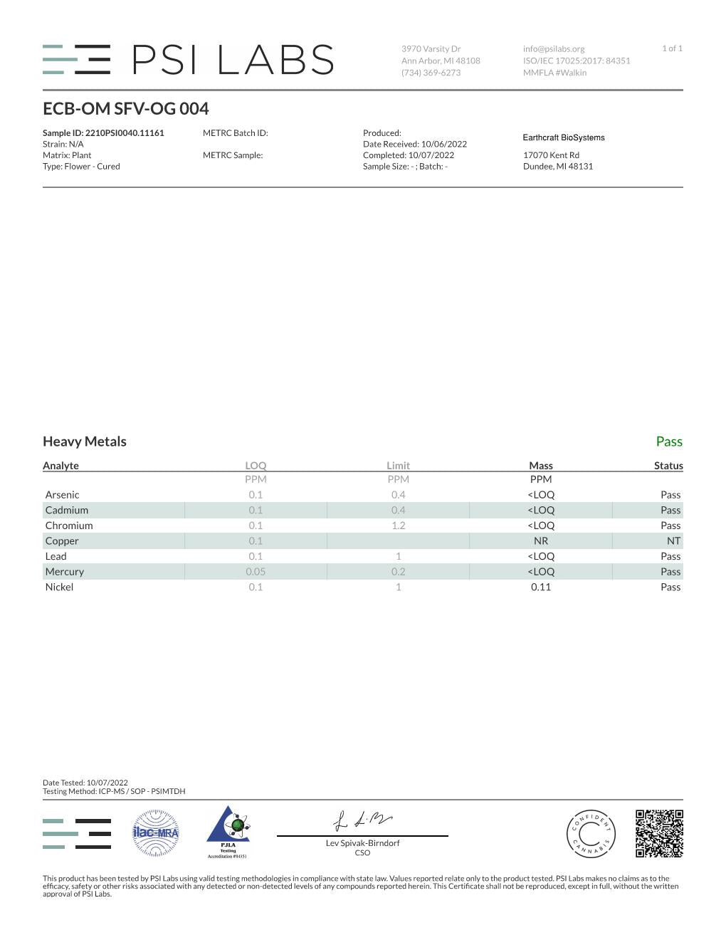 Test results for Earthcraft Biosystems Nutrients