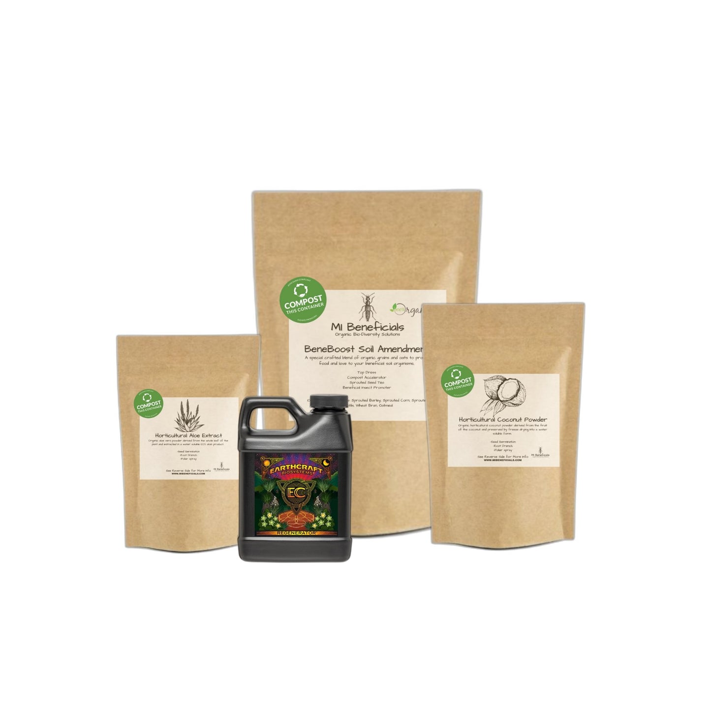 This living soil starter kit contains quillaja/yucca, aloe, coconut powder and Beneboost soil amendment